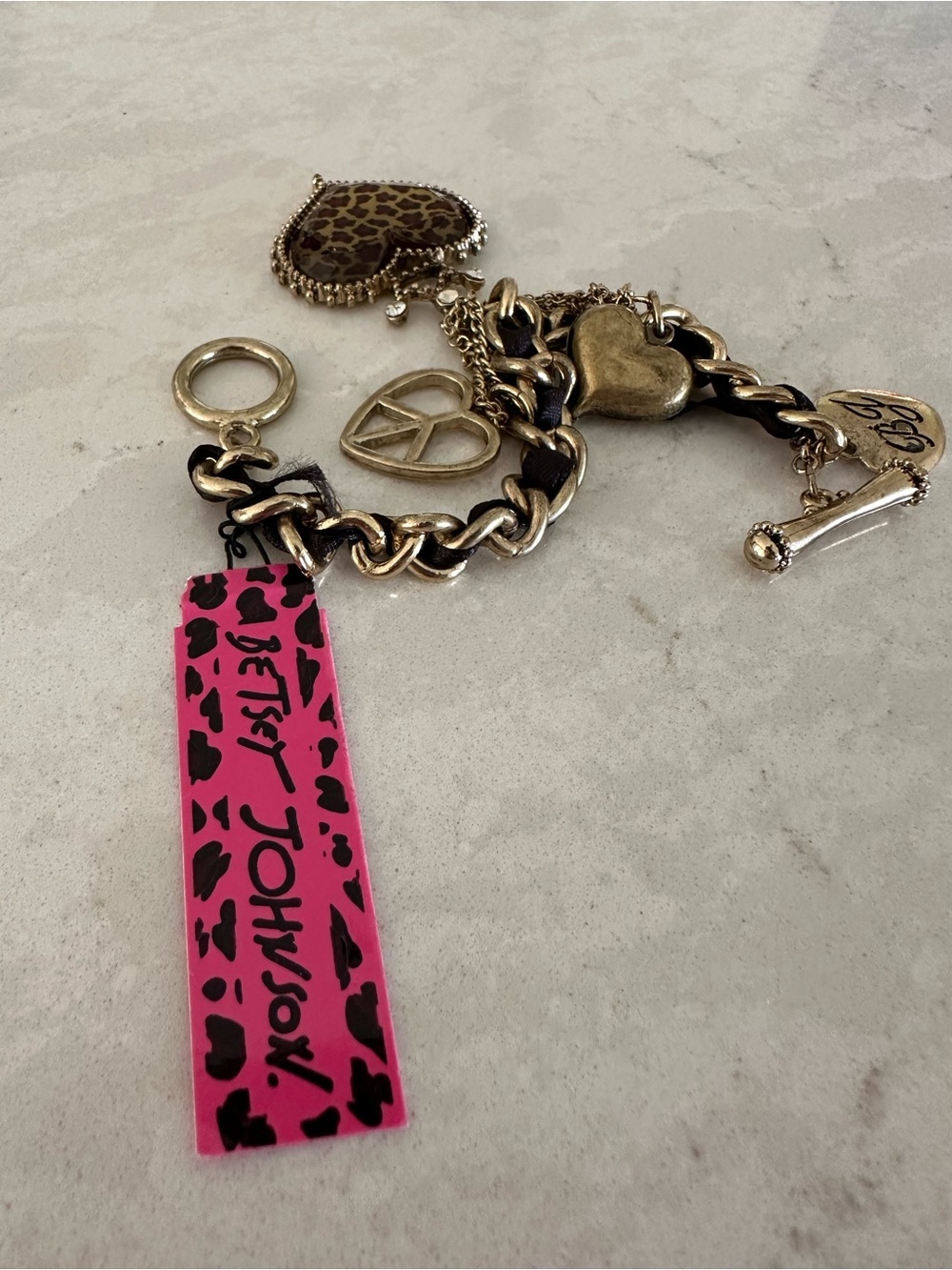 Betsey Johnson Gold Chain Charm Bracelet with Pink Leopard Tag
